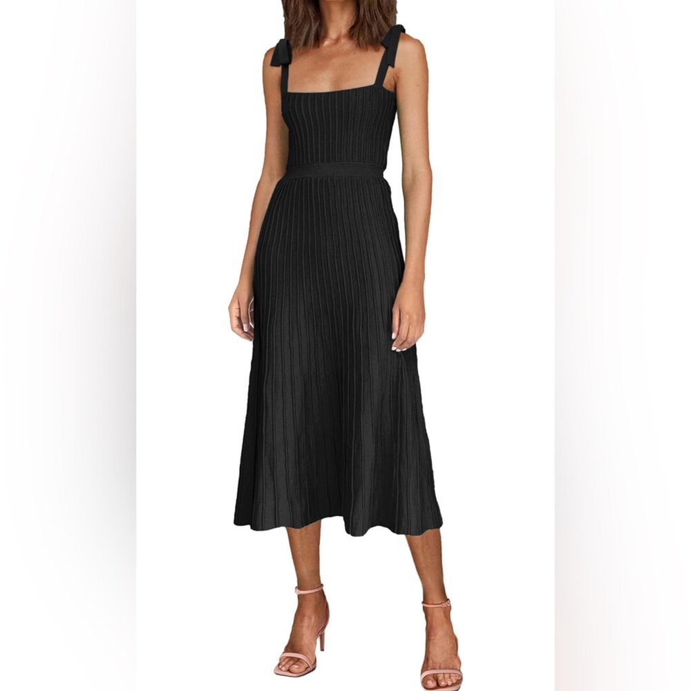 Summer Maxi Dresses Tie Spaghetti Strap Square Neck Ribbed Knit Dress